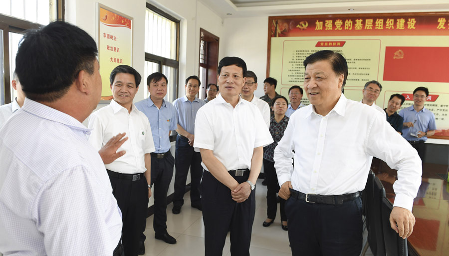 7月3日至5日,中共中央政治局常委、中央书记处书记刘云山在河南调研。这是7月3日,刘云山在济源市花石村了解该村“两学一做”学习教育开展情况。